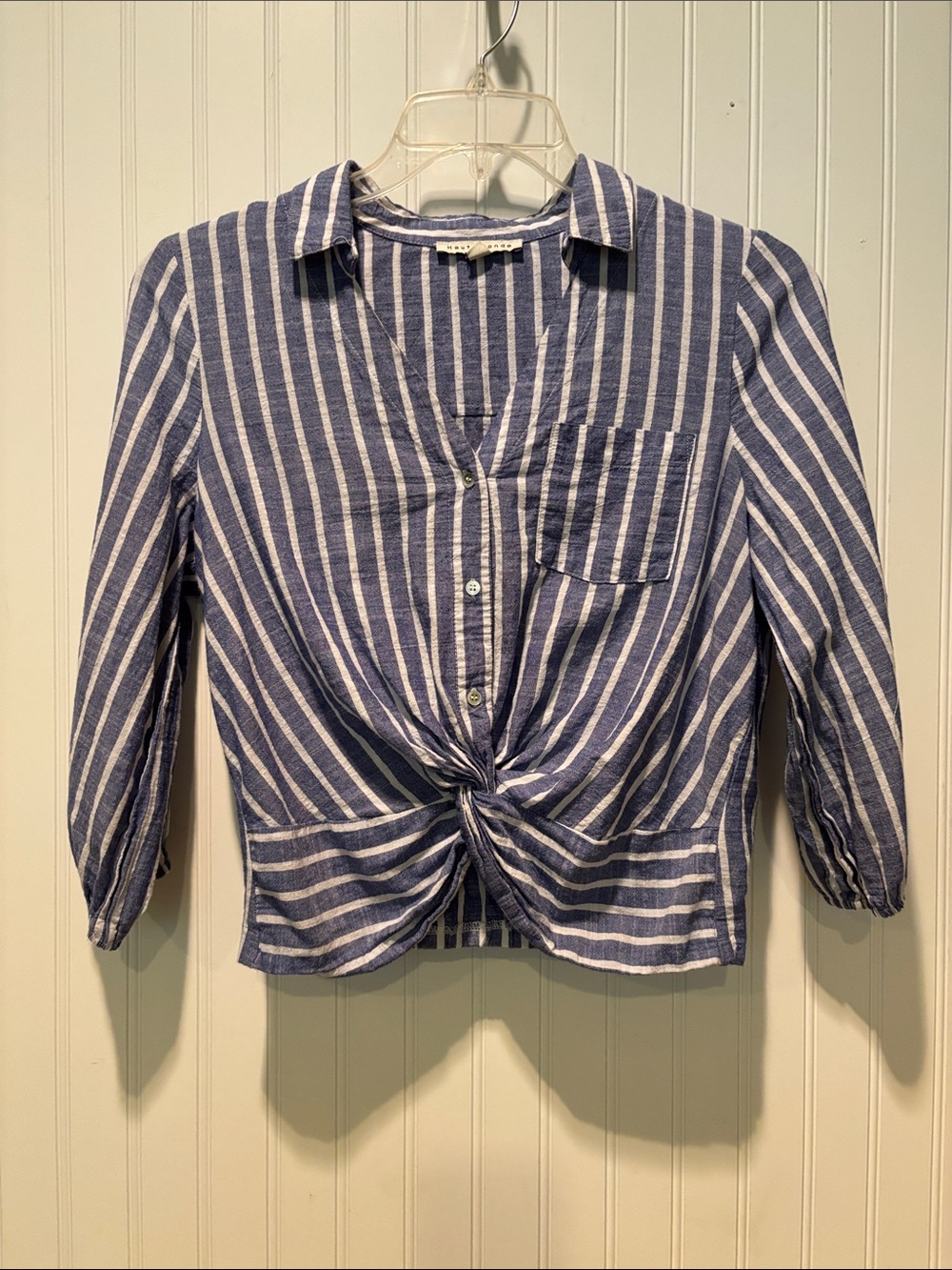 Haute Monde Cotton Twist-Front Button-Down Top with 3/4 Sleeves Sz M